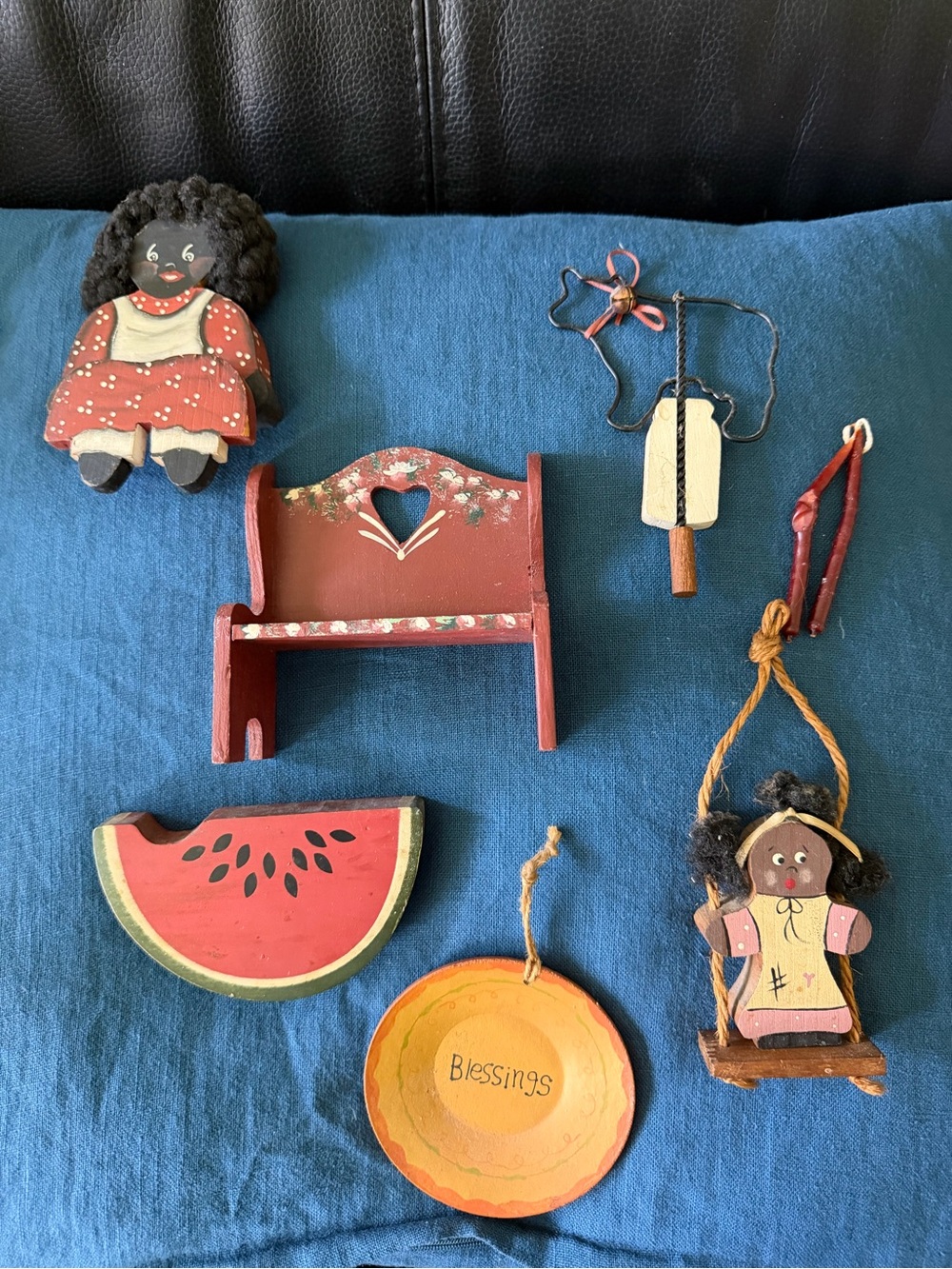 VTG  Folk Art Collection, Miniature Wood Bench, African American Girl Ethnic